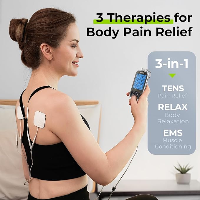 AUVON 3-in-1 TENS Unit Muscle Stimulator, EMS Massage Machine with 40 Intensities for Gradual Shoulder, Sciatica, Back Pain Relief, 24 Modes Rechargeable Electronic Pulse Massager with 12 TENS Pads