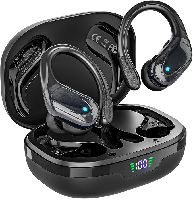 Wireless Earbuds, Sports Bluetooth Headphones, 80Hrs Playtime Ear Buds with LED Power Display, Noise Canceling Headset, IPX7 Waterproof Earphones for Workout/Running (Black)