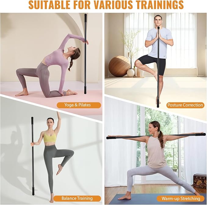 Yoga Stick 5ft Mobility Stick, Sturdy Steel Exercise Bar Adjustable Stretching Stick for Mobility, Training, Flexibility and Balance, Versatile Stretch Bar with 4 Steel Rods & Foam Handles