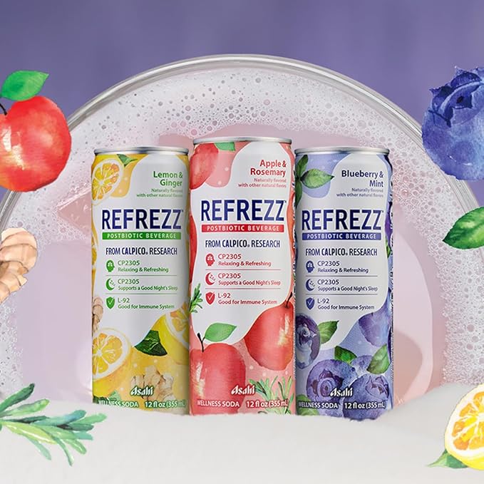 REFREZZ Postbiotic Beverage, Apple & Rosemary, Relaxing and Refreshing, Supports a Good Night's Sleep, Good for Immune System, Gluten Free, Non‑GMO, 35Calories, 12oz (12Cans)