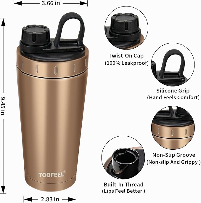 TOOFEEL Insulated Protein Shaker Bottle - 20 oz Stainless Steel Shaker Cups for Protein Shakes, Stays Cold/Hot, Double Walled Vacuum Metal Protein Shaker, BPA Free Leakproof Gym Shaker Bottle