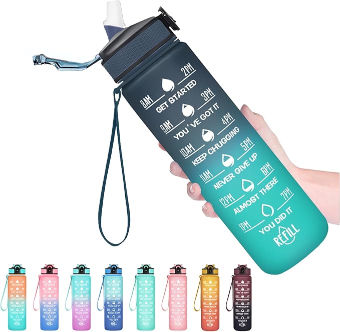 Hyeta 32 oz Water Bottles with Times to Drink and Straw, Motivational Water Bottle with Time Marker, Leakproof, Drinking Sports Water Bottle for Fitness, Gym and Outdoor