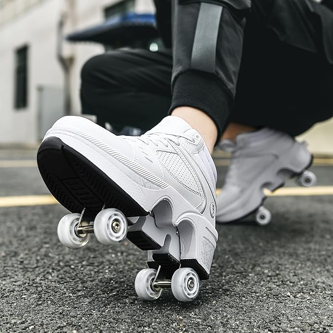 Roller Skate Shoes for Women Four Rounds Children's Roller Skates Shoes That Turn into Rollerskates Sneakers Outdoor Light Shoes with Wheels for Girls/Boys