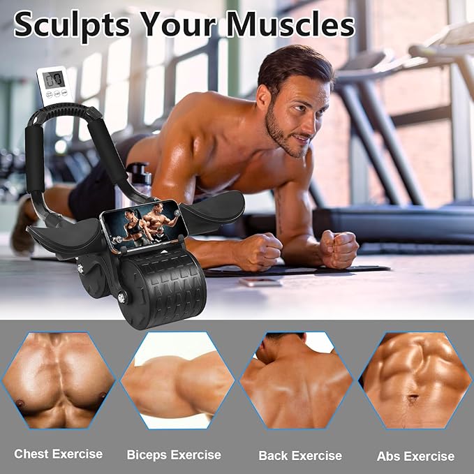 Bersauji 2025 New Ab Roller Wheel with Knee Mat &Timer, Automatic Rebound Abdominal Wheel, Ab Abdominal Exercise Roller with Elbow Support, Abs Workout Equipment Ab Exercise Roller for Women Men