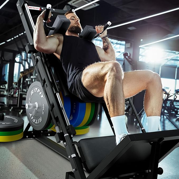 RitFit Adjustable Leg Press and Hack Squat Machine with Weight Plate Set, Professional Home Gym Equipment with Linear Bearings, Specialized for Complete Lower Body Workouts and Weight Storage Posts