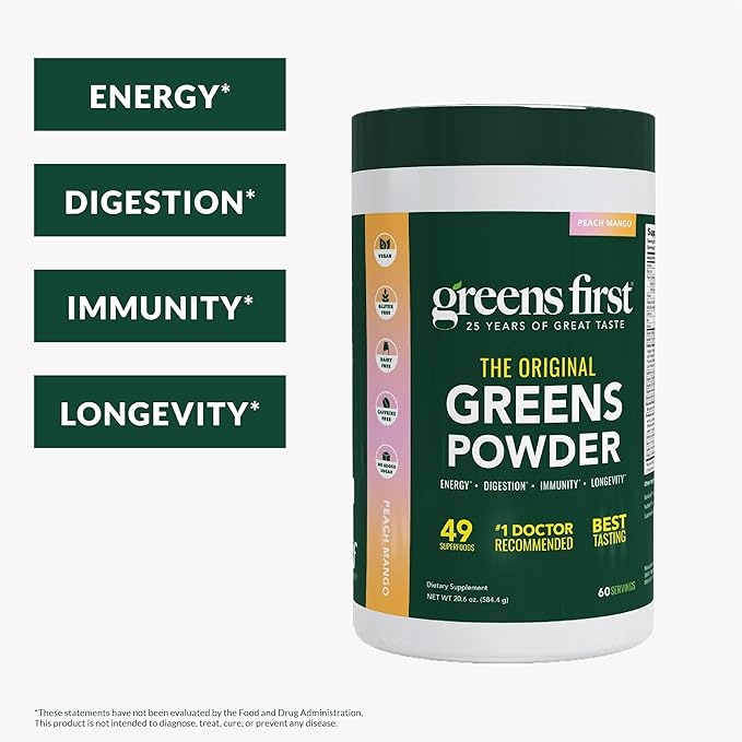 Greens First Original Greens Powder - 49 Superfoods - Organic Fruits & Veggies - Prebiotics, Probiotics & Digestive Enzymes - Antioxidant Smoothie - Dairy Free/Vegan/Non-GMO (Peach Mango, 60 Servings)