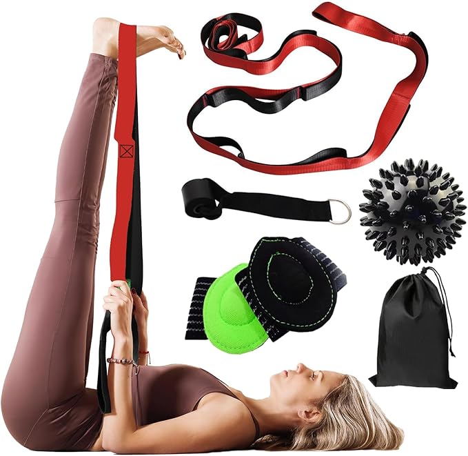 Gradient Fitness Therapy Stretching Belt, 12 Circle Multi Ring Stretching Belt (1.5 inches wide x 86.6 inches long), Therapy Equipment, Yoga Stretcher Strap,Leg Stretcher. Equipped with arch foot pads and pointed massage balls(RED)