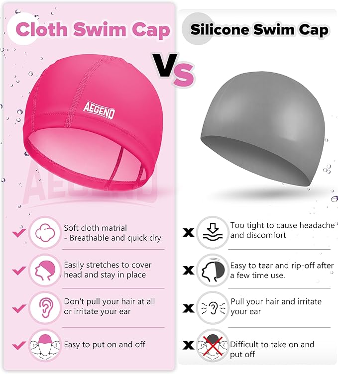 Aegend Fabric Swim Cap, Silicone Waterproof Layer - Breathable Cloth Swimming Cap, Keep Hair Dry with Hight Elasticity for Youth(8-16) Adult, 2 Sizes to Choose