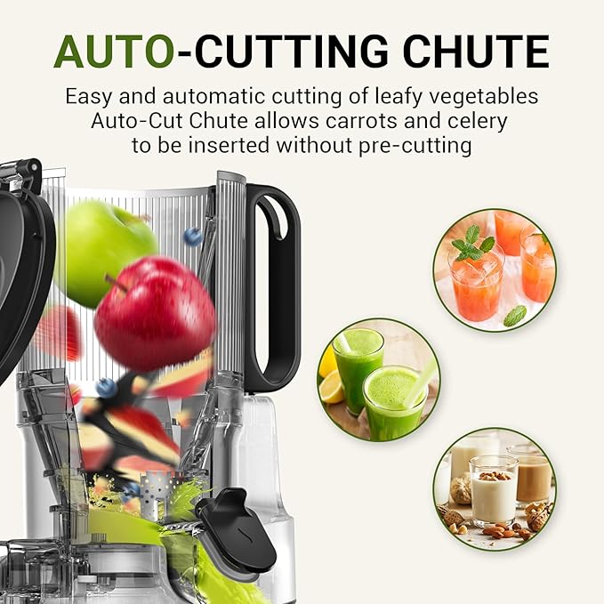 AMZCHEF Juicer Machines, 5.8" Extra Self-Feeding Cold Press Juicer for Whole Vegetable & Fruit, Juice Extractor Machine with Large Auger & Triple Strainers, Easy to Clean, High Juice Yield, Silver