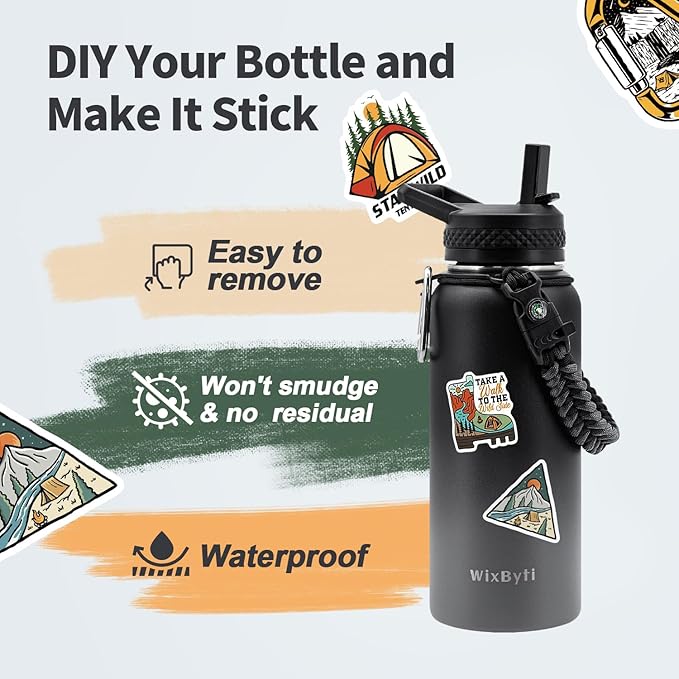 32 oz Insulated Water Bottle with Straw (Cold for 48 Hrs), Stainless Steel Triple Wall Vacuum Sports Water Jug, Leakproof Hydro Cup Flask with Paracord Handle & Straw Spout Lids & DIY Stickers