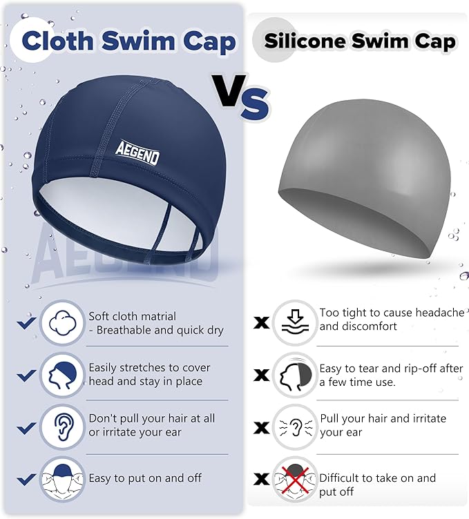 Aegend Fabric Swim Cap, Silicone Waterproof Layer - Breathable Cloth Swimming Cap, Keep Hair Dry with Hight Elasticity for Youth(8-16) Adult, 2 Sizes to Choose