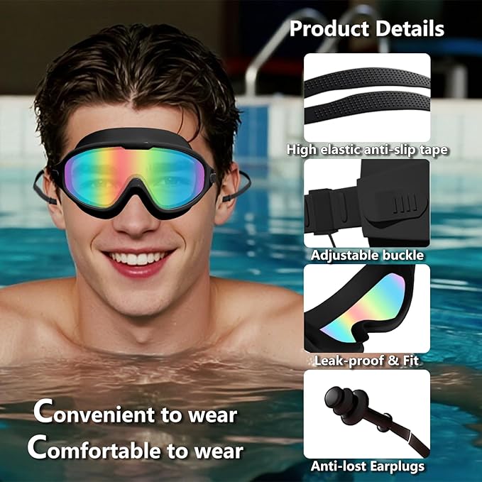 Adult Swimming Goggles for Women Men,No Leak No Fog Wide View, Sunglass Goggle with Earplugs and Nose Clip