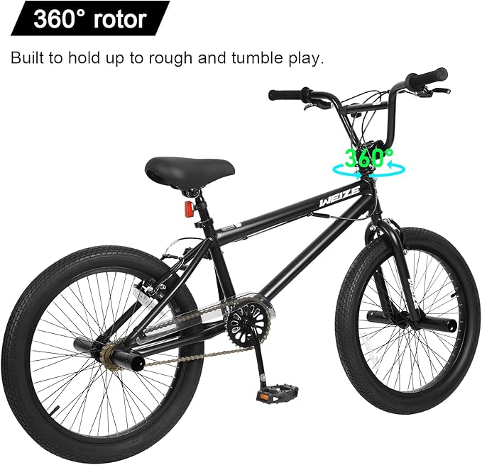 WEIZE Freestyle BMX Bike, 20 inch Trick Bicycle for Kids and Adults Men Women, Hi-Ten Steel Frame, 360 Degree Rotor Freestyle, 4 Pegs Single Speed Teen Bike, Beginner-Level to Advanced Riders