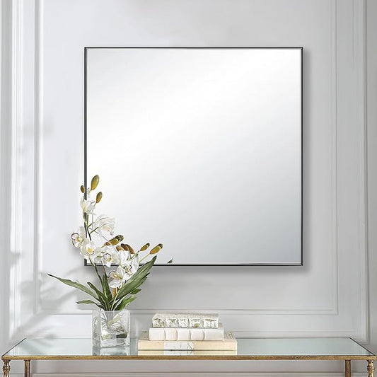 28x28 Inch Black Bathroom Mirror for Wall, Aluminum Frame Rectangle Rectangular Vanity Mirror, Modern Large for Bedroom, Living Room, Horizontal or Vertical