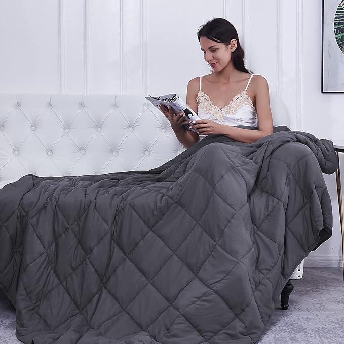 L'AGRATY Weighted Blanket for Adults- Dark Grey, 48"x72", 15lbs, Twin Full Size Heavy Throw Blanket, Cooling, Breathable, Microfiber with Glass Beads, Big, Washable, All-Season
