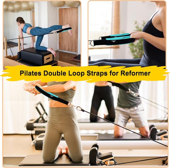 1 Pair Enhanced Pilates Double Loop Straps for Reformer, Thickened D-Ring Handle Straps, Yoga Exercise Accessories in 2 Lengths and Multicolor for Home Gym Workout