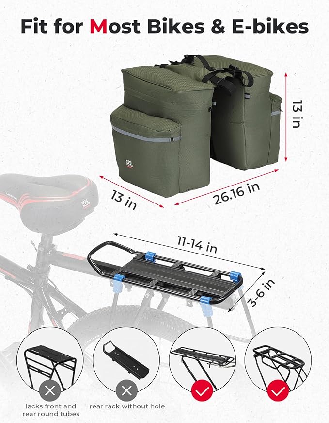 KEMIMOTO Bike Bag Panniers with Rain Cover, 34L Waterproof Bicycle Saddle Bag for Rear Rack Mountain Biking Bags Storage, Ebike Accessories for Commuter Grocery Shopping Travel Carrier, Green