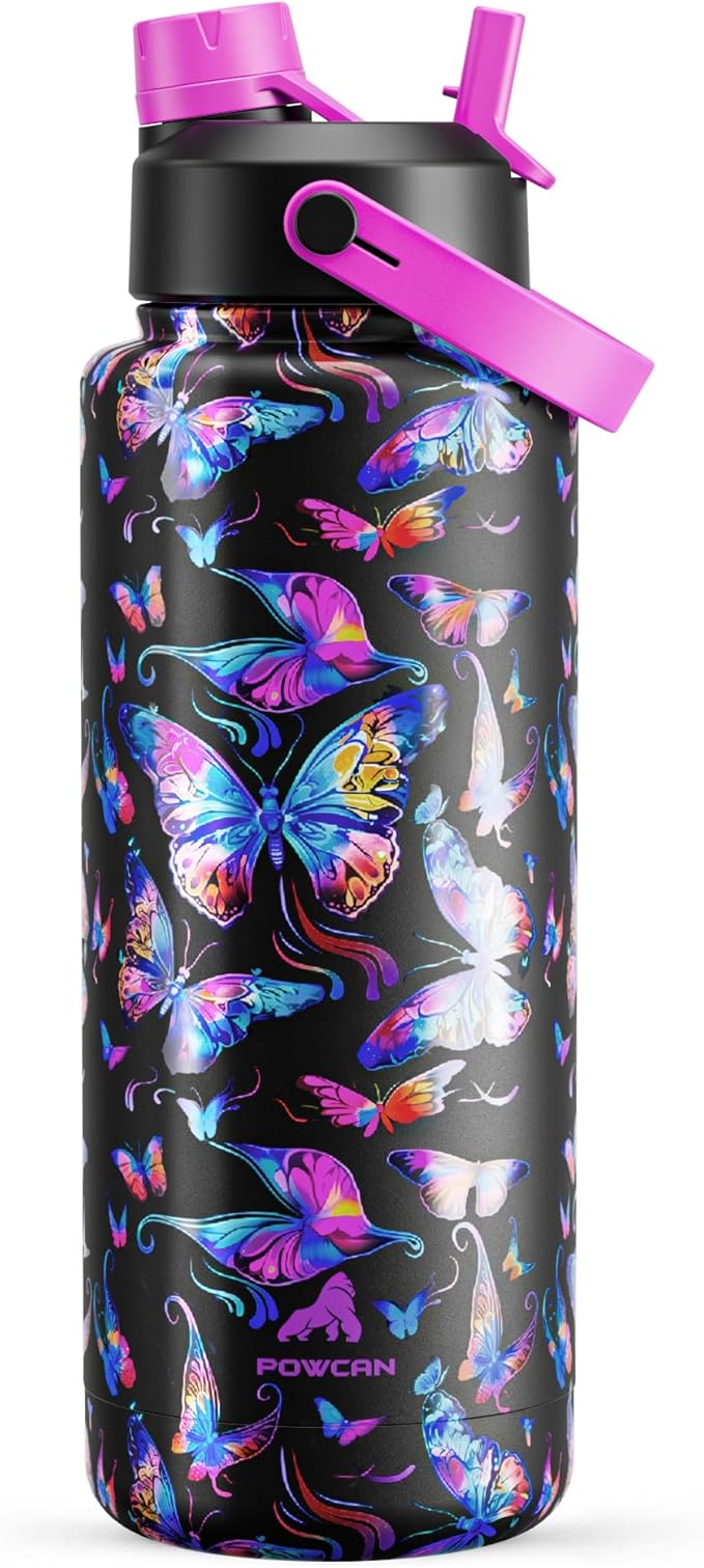 40 oz Insulated Water Bottle with 2-in-1 Straw and Spout Lid, Keep Cold 24H, Leak-Proof, BPA-Free, Double Wall Stainless Steel Water Bottle for Sports, Gym, Travel, and School (Butterfly Waltz)