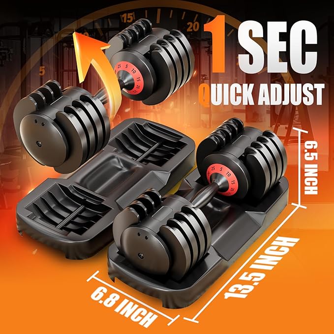 VEICK 25/55 lbs Adjustable Dumbbell with Anti-Slip Turning Handle, Fast Adjust Weight for Men Women, Exercise Equipment with Tray for Home Gym Full Body Workout Fitness