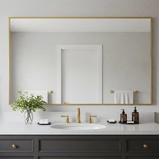 24x40 Inch Brass Bathroom Mirror for Wall, Aluminum Frame Rectangle Rectangular Vanity Mirror, Modern Large for Bedroom, Living Room, Horizontal or Vertical