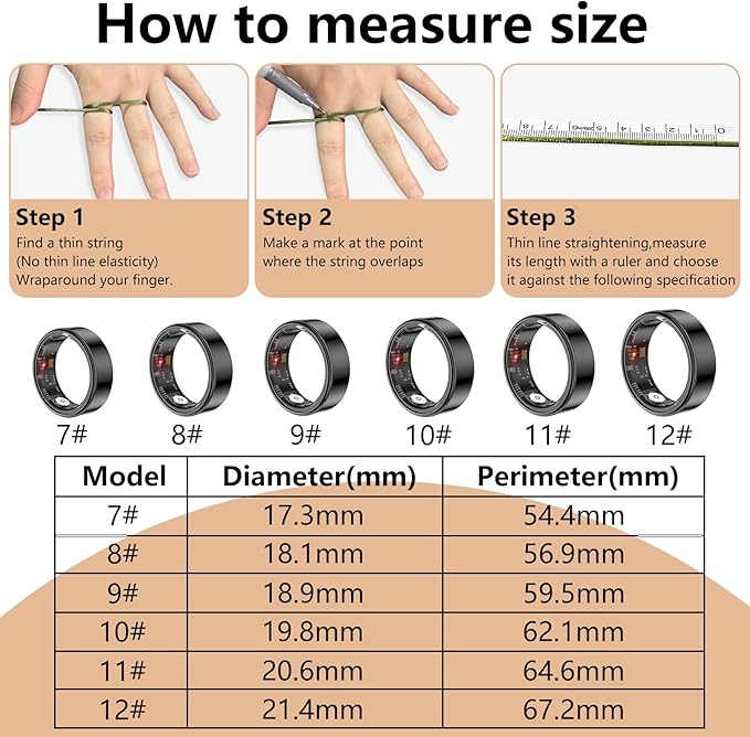 Thin Smart Ring for Fitness & Health Tracking -Heart Rate/Blood Oxygen Monitor, 5ATM Waterproof, Sleep Analysis, Pedometer -No APP Subscription Compatible with Smartphone (Black, 12)