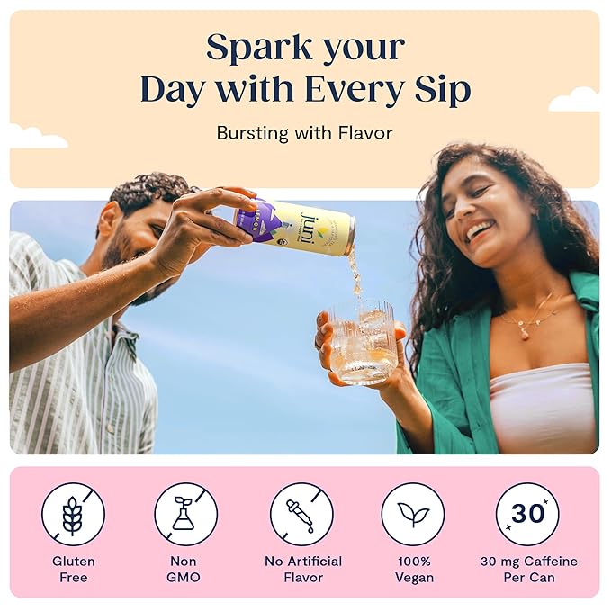 Juni Sparkling Adaptogen Drink with Ashwagandha, Lion’s Mane & Reishi Mushrooms | Green Tea for Focus, Zero Sugar, 5 Calories, Organic | Non Alcoholic Drinks - Lemon 12 pack