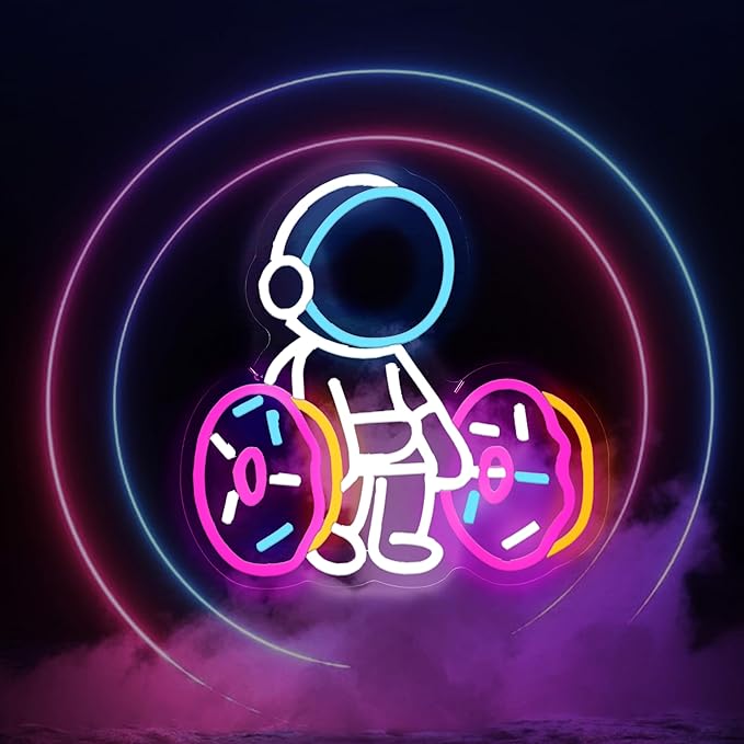 Astronaut Lifting Donut Neon Sign Astronaut Donut Neon Light Astronaut Light Sign Dimmable Bakery LED Neon Light for Club Decor Man Cave Game Room Bar Pub 12.5"×12.7"