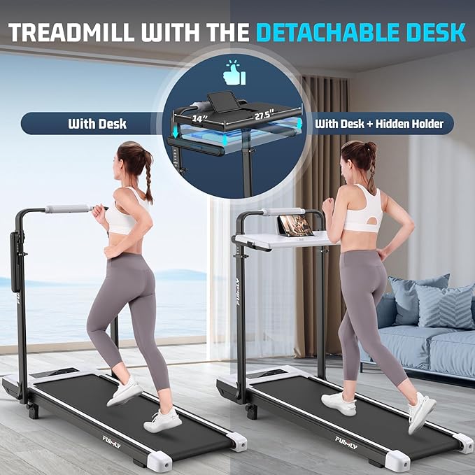 Walking Pad Treadmill with Desk Workstation, 10% Incline Foldable Treadmill with Handrail, 300lbs Capacity, 3 Control Methods, 8 in 1 Folding Treadmills for Home Office