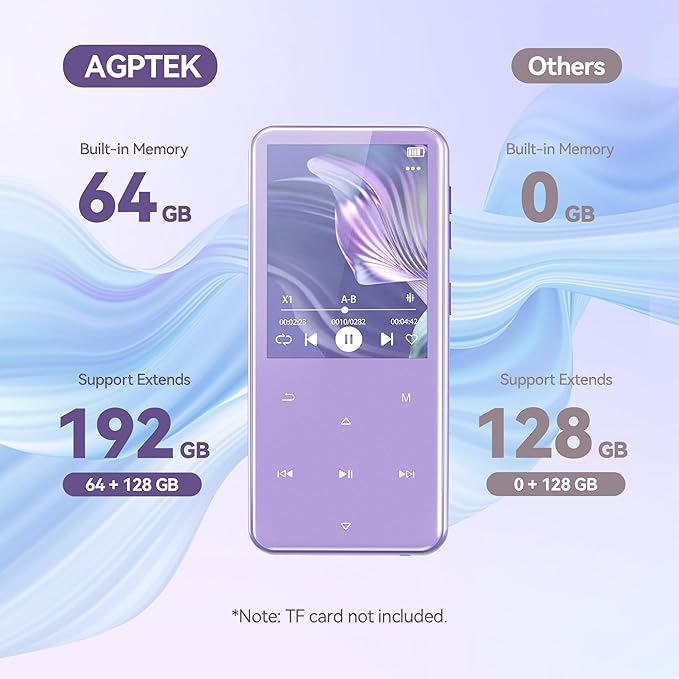 AGPTEK 64GB MP3 Player with Bluetooth, M3 2.4 inch Music Player with Speaker and FM Radio, Touch Buttons, Supports Up to 128GB(Purple)