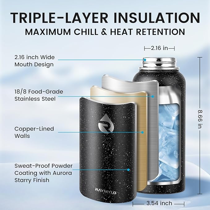 32oz Insulated Water Bottle, Triple Wall Vacuum Stainless Steel Water Bottles - Keeps Cold 48H, Reusable Metal water flask Jug for Gym, Sports, Camping, Hiking,Travel, Black Speckled