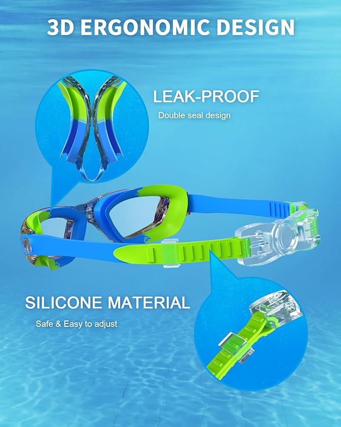 Kids Swim Goggles, Swimming Goggles for Kids with Nose Clip, Earplugs, Nose Bridge for Age 3-15