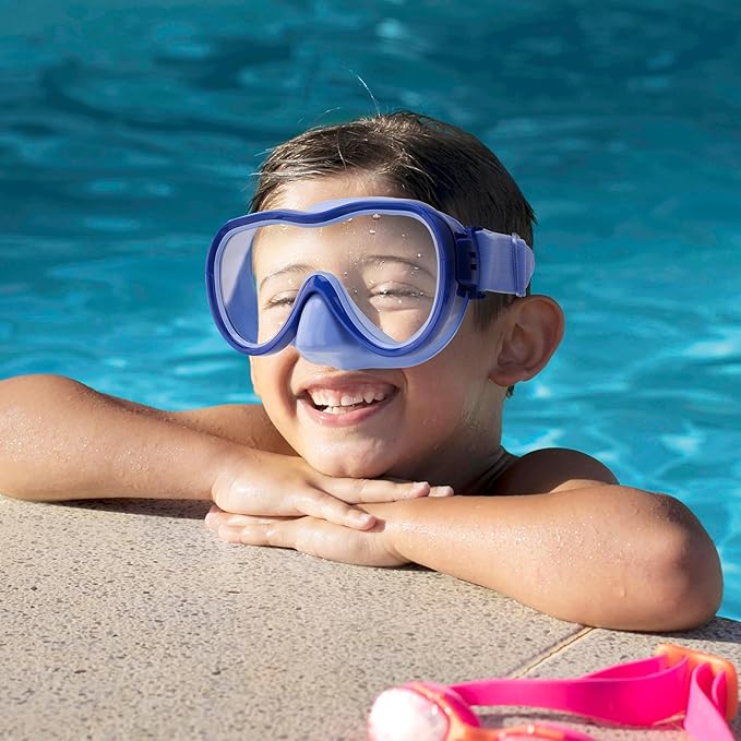 Kids Swim Goggles 180° Snorkel Diving Mask with Nose Cover, Anti-Fog Kids Swimming Goggles with Elastic Fabric Strap for Kids Boys Girls