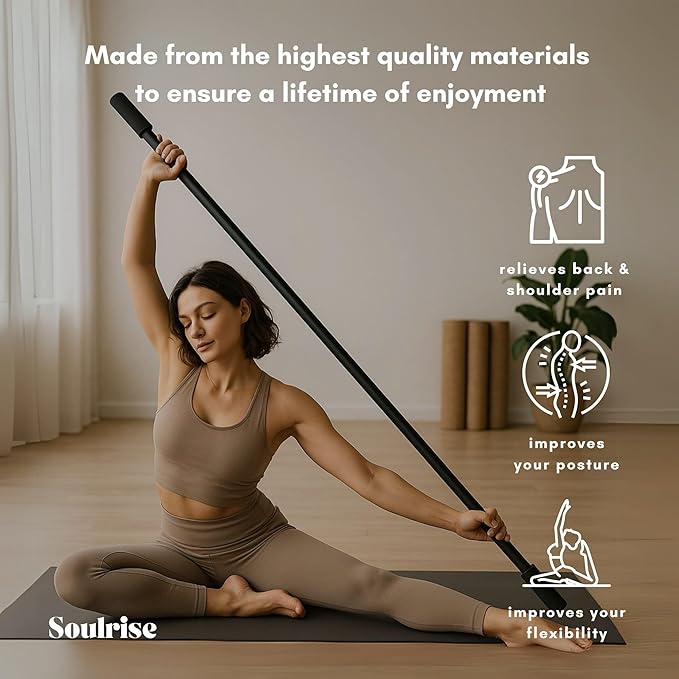 Yoga Stick for Mobility Exercise, Stretching, Pilates, Physical therapy, Fitness and other Workout - Adjustable 5 ft Pole will fix Posture, Stretch, Balance and Flexibility Training - Incl free E-book
