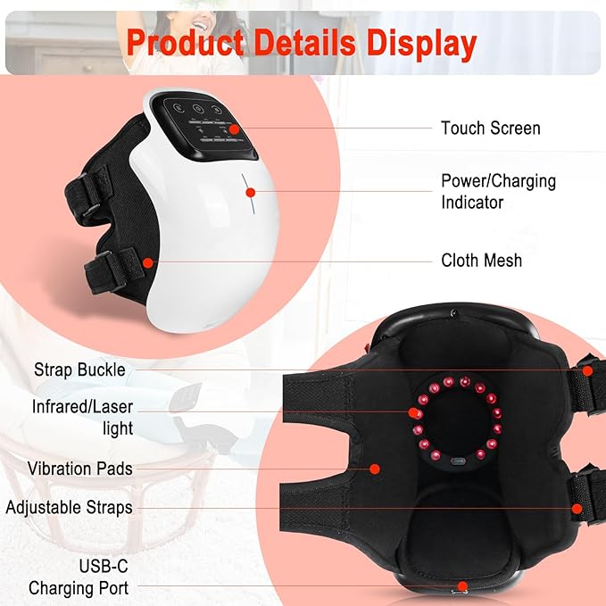 3-in-1 Cordless Knee Massager w/Heat, Red Light & Massage for Knee Pain, Infrared Heat & Vibration, Portable Wireless Knee Heating Pad w/LED Screen for Family and Friends