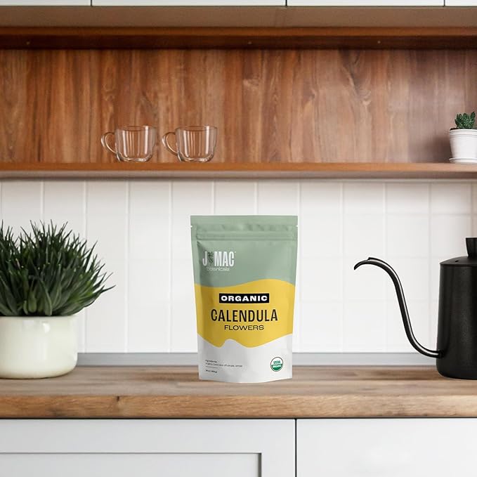 J Mac Botanicals, Organic Calendula Flower (4 ounce), whole dried flowers and petals, loose leaf tea, marigold flower, USDA Certified Organic. Great for loose leaf teas, cocktail bombs, salve