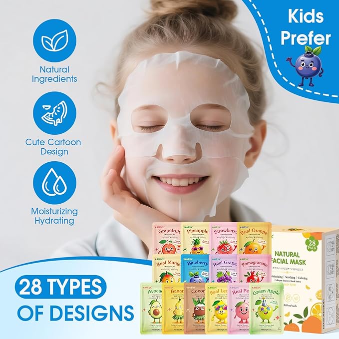 28 Pack Fruit Face Masks Skincare for Kids Girls, Sheet Collagen Face Mask for Women Skin Care, Bulk Hydrating Facial Mask for All Skin Types, Christmas Birthday Party Spa Gifts for Teens