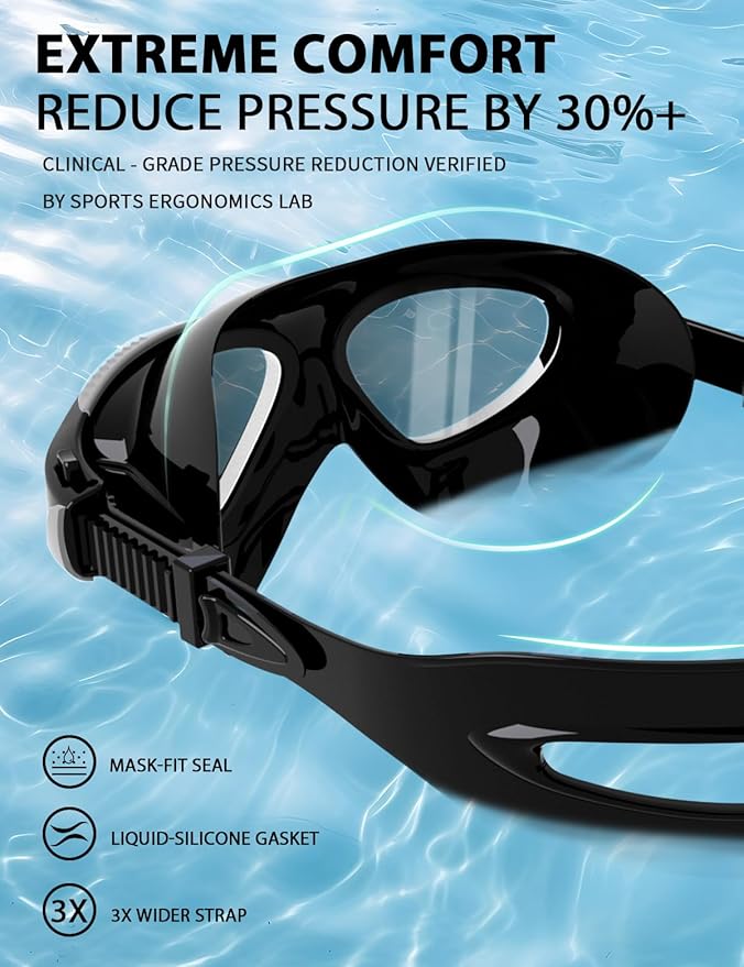 180°Panoramic Swim Goggles Adult, Ultra-Comfort Liquid Silicone Anti-Fog/UV Pool & Outdoor Women Men Youth