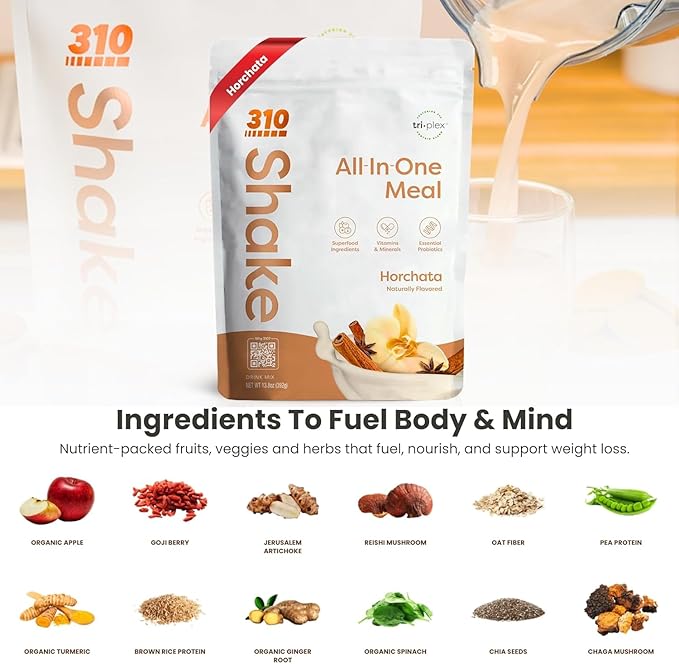 310 Nutrition All-In-One Meal Replacement Shake Powder - Plant-Based Protein Smoothie Blend w/High Fiber, Probiotics & Adaptogens - Low Carb, Vegan, Keto & Paleo Friendly - Horchata - 14 Srv