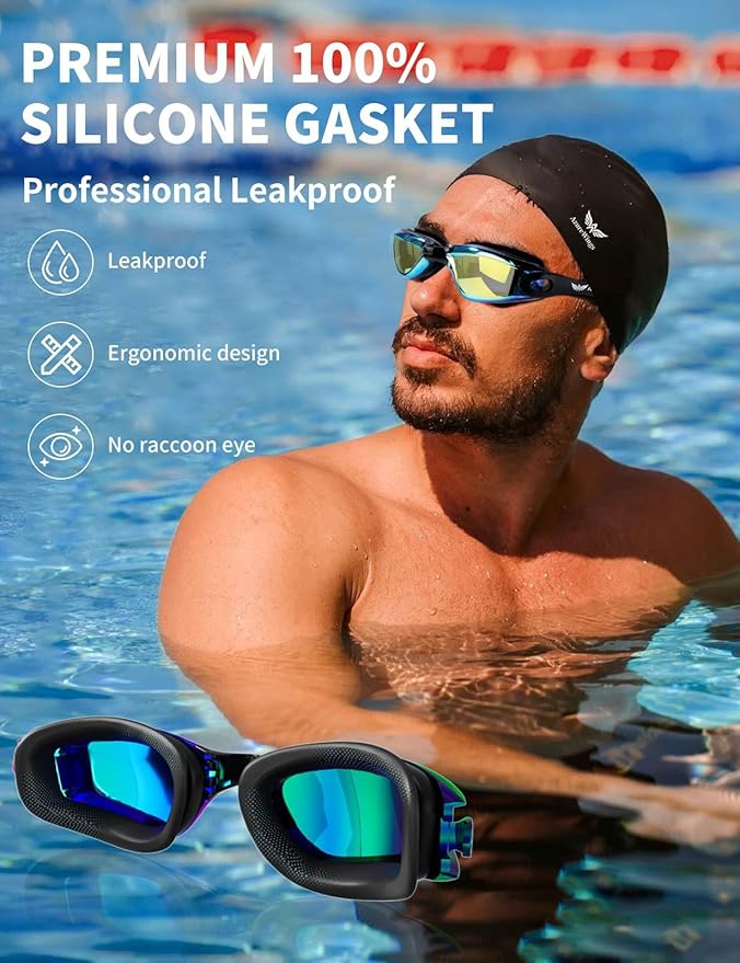 7 in 1 Swim Goggles + Swim Cap for Men Women,No Leak Anti-Fog & UV, Wide Visio HD Mirror PC Lens