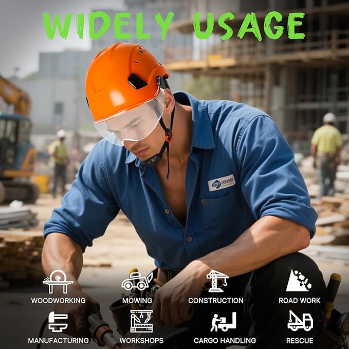 AOLAMEGS Construction Vented Hard Hats -Adjustable Vented Hard Hat with Visor for Men Women ABS Safety Helmet 6-Point Suspension Work Hardhats for Outdoor Height Industrial (Orange Clear Visor)