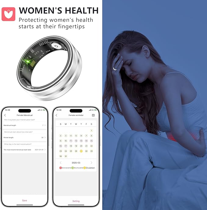 Thin Smart Ring for Fitness & Health Tracking -Heart Rate/Blood Oxygen Monitor, 5ATM Waterproof, Sleep Analysis, Pedometer -No APP Subscription Compatible with Smartphone (Silver, 7)