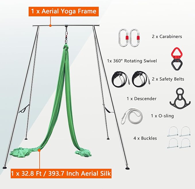 TECSPEC 9.6 FT/115.3 Inch Adjustable Height Aerial Yoga Frame & Hammock, Professional Swing Stand with 18 FT/33FT Aerial Silk, 550lbs Max Capacity