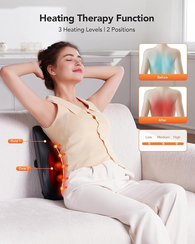 Back Massager with Heat, Neck Massager for Pain Relief Deep Tissue 3D Shiatsu Kneading Electric Massage Pillow for Whole Body Relaxation, Home, Car, Office Use, Gifts for Mom, Dad, Women, Men