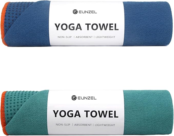 Eunzel 2 Pack Hot Yoga Towel with Grip Dot, Non Slip Yoga Mat Towe Sweat Absorbent Towel for Hot Yoga,Bikram, Pilates and Fitness 72" x 24", Dark Cyan/Steel Blue