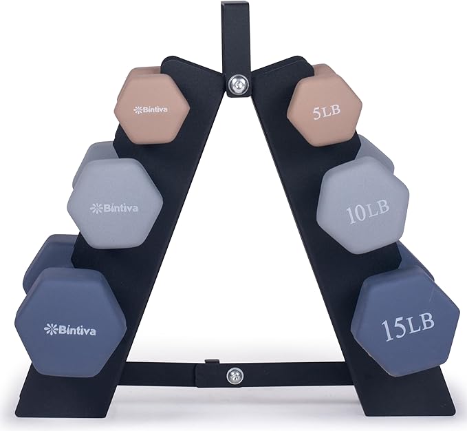 Dumbbell Set with Rack - Neoprene Coated Weights with Stand - Hex Color Coded Dumbell Pairs 1-20 LBs