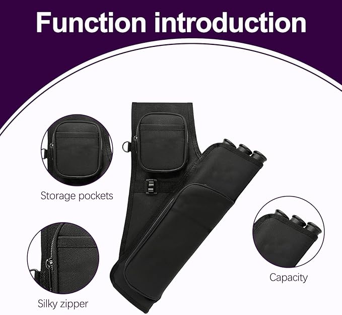 3-Tubes Hip Quiver Waist Hanged Archery Arrow Carry Bag with Pockets Adjustable Belt for Hunting, Target Practice, and Outdoor Shooting, Fits Both Youth and Adults