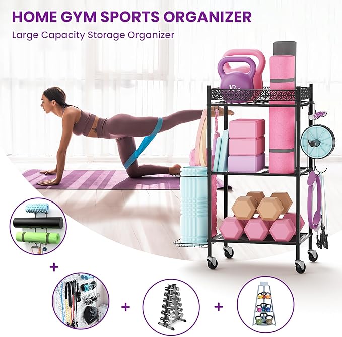 Yoga Mat Storage Rack, Home Gym Storage Rack, VOPEAK Workout Storage for Yoga Mat, Foam Roller, Equipment Gym Storage for Home Exercise and Fitness Gear (Metal)