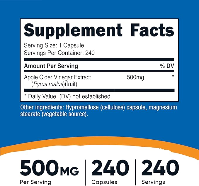 Nutricost Apple Cider Vinegar 500mg, 240 Vegetarian Capsules - Natural, Non-GMO, and Gluten Free (3 Bottles)