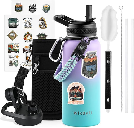 32 oz Insulated Water Bottle with Straw (Cold for 48 Hrs), Stainless Steel Triple Wall Vacuum Sports Water Jug, Leakproof Hydro Cup Flask with Paracord Handle & Straw Spout Lids & DIY Stickers