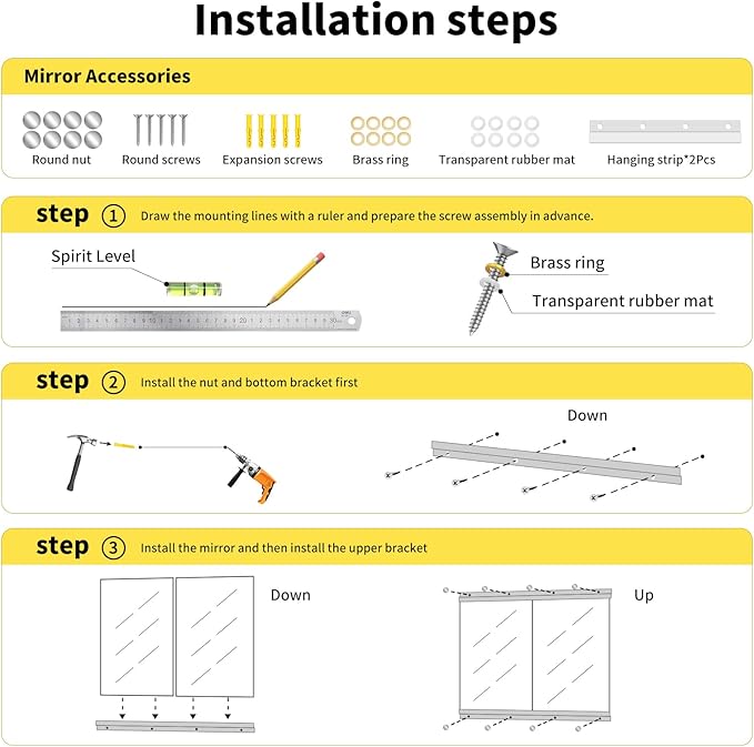 Home Gym Mirror - 60x40 Inch, 3PCS Frameless Tempered Glass Full Body Mirror for Wall Mount - Ideal for Yoga, Workout, Bedroom, Dance Studio (Silver)